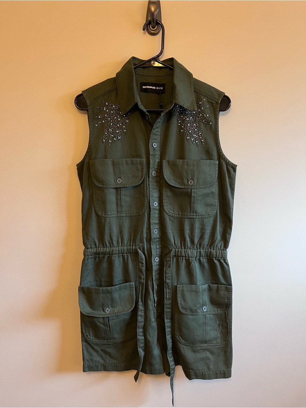The Kooples Green Sleeveless Utility Jumpsuit Romper with Embellished Shoulders